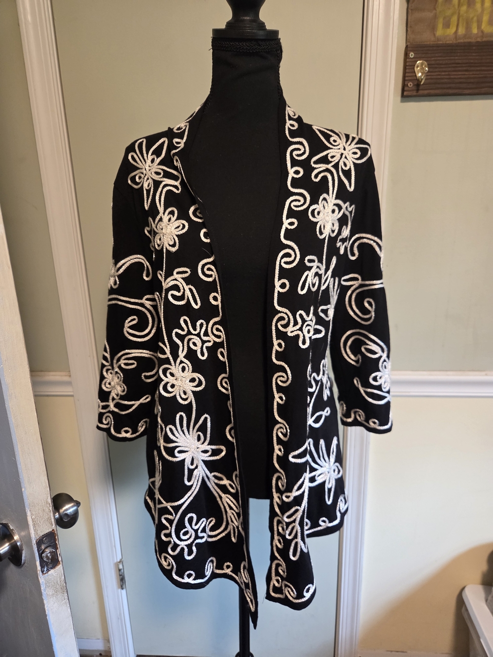 Lauren Michelle Black Cardigan with White Floral Embroidery